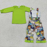 Promotional Cartoon Green Girls Suspender Pants Overalls Sets