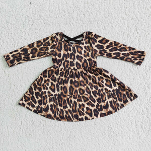 Promotional Leopard Print Criss-Cross Girls Long Sleeve Dress