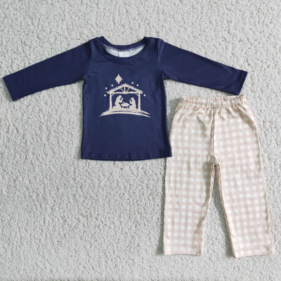 Plaid Navy Boys Long Sleeve+Trousers Sets