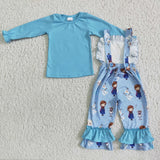 Promotional Cartoon Princess Blue Girls Suspender Pants Overalls Sets