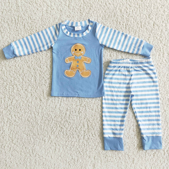 Promotional Gingerbread Embroidery Stripes Blue Boys Christmas Pajamas