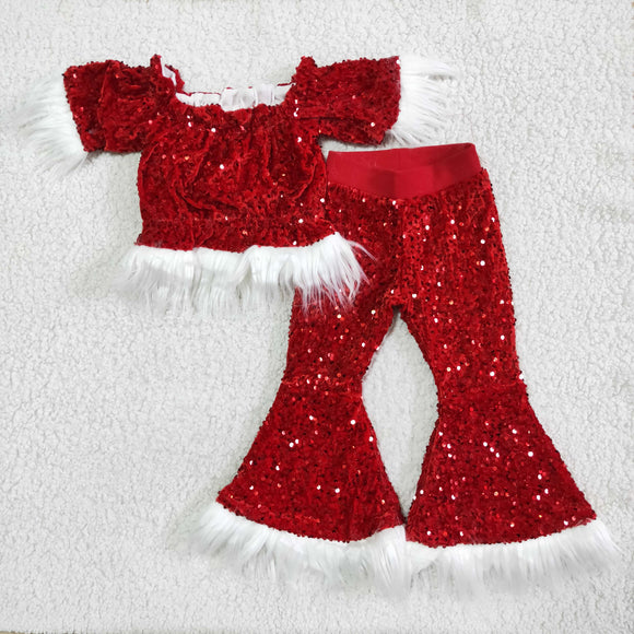 Sparkling Fur Red Sequins Party Girls Christmas Outfits