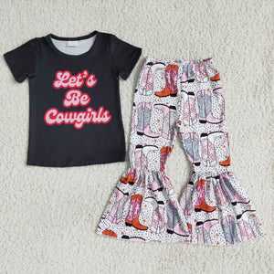 Promotional Let's be cowgirls Boots Girls Short Sleeve+Trousers Sets