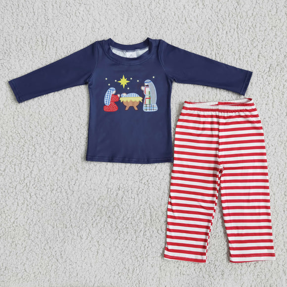 Promotional Jesus Navy Red Stripes Boys Christmas Outfits