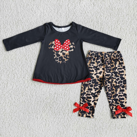 Promotional Cartoon Bow Leopard Print Legging Girls Long Sleeve+Trousers Sets