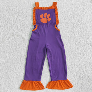 Toddler Girls Football Team Suspender Orange and Purple Ruffle Pants