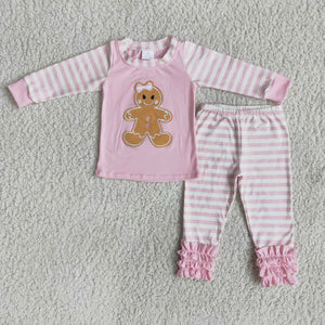 Gingerbread Embroidery Stripes Pink Girls Christmas Pajamas