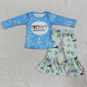 Promotional Cartoon Friends Blue Girls Long Sleeve+Trousers Sets