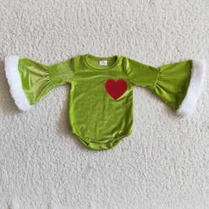 Heart Embroidery Green Velvet Baby Christmas Romper