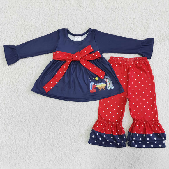 Promotional Jesus Navy Red Polka Dots Belt Girls Christmas Outfits