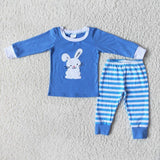 Promotional Bunny Embroidery Blue Stripes Boys Easter Pajamas