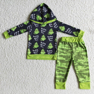 Promotional Cartoon Camo Green Hoodie Sets Boys Christmas Outfits