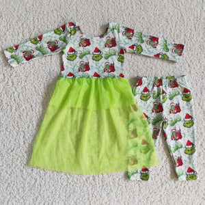 Cartoon Green Gauze Legging Girls Christmas Outfits