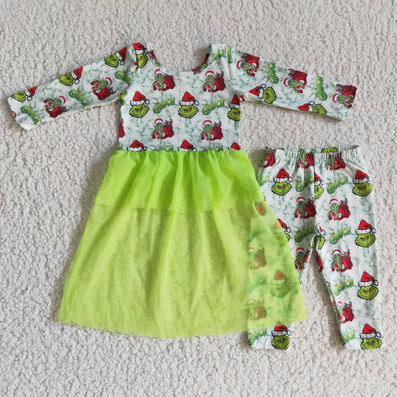 Cartoon Green Gauze Legging Girls Christmas Outfits