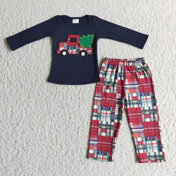 Tree Plaid Truck Embroidery Boys Christams Outfits