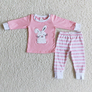 Promotional Bunny Embroidery Pink Stripes Girls Easter Pajamas