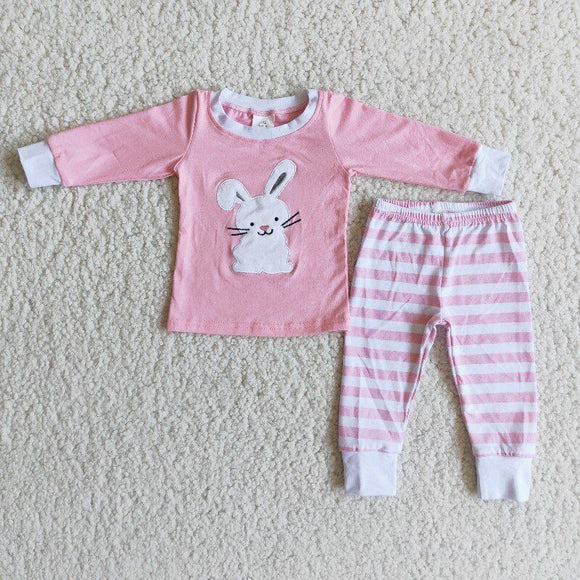 Promotional Bunny Embroidery Pink Stripes Girls Easter Pajamas