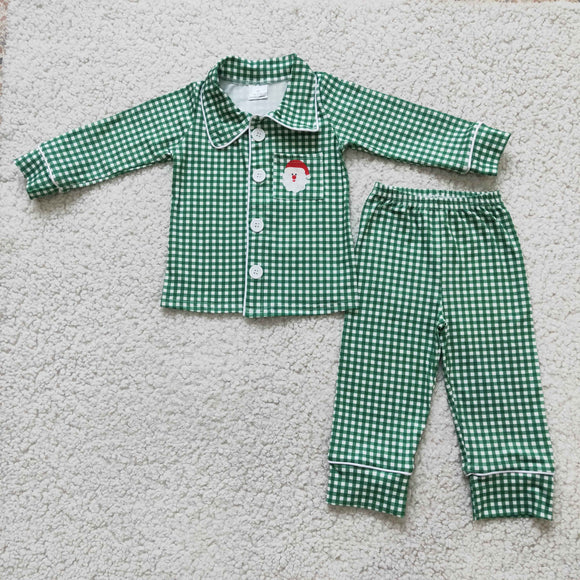 Santa Green Plaid Collar Boys Christmas Pajamas