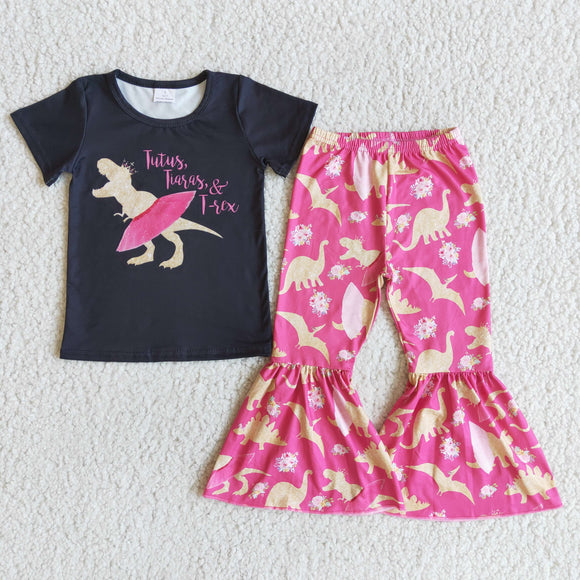 Promotional Pink Tutus Dinosaur Black Girls Short Sleeve+Trousers Sets