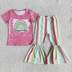 Promotional Happy Easter Rainbow Stripes Girls Easter Outfits