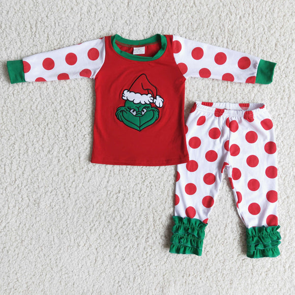 Promotional Cartoon Embroidery Red Polka Dots Girls Christmas Pajamas