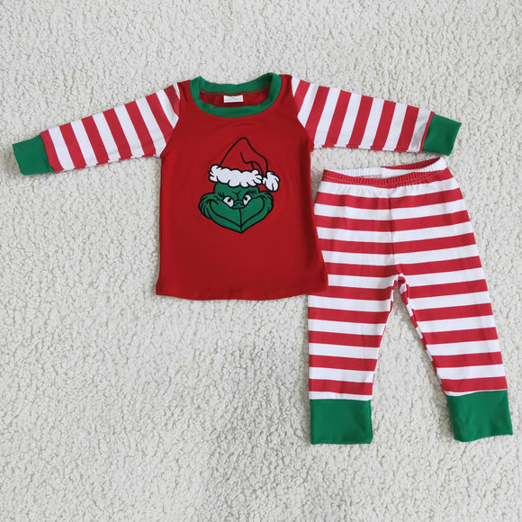 Promotional Cartoon Embroidery Red Stripes Boys Christmas Pajamas