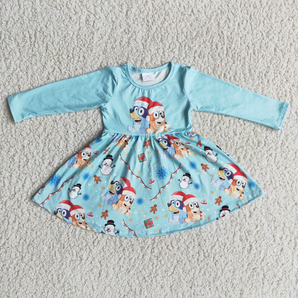 Promotional Cartoon Dogs Sky Blue Girls Christmas Dress