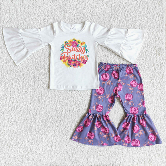 Promotional Purple Sassy Floral Girls Long Sleeve+Trousers Sets