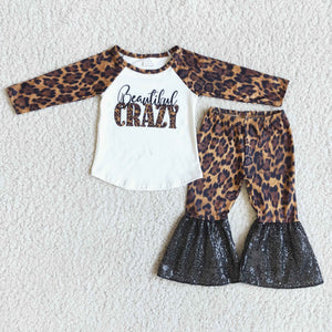 Promotional Beautiful Crazy Sequins Leopard Print Girls Long Sleeve+Trousers Sets