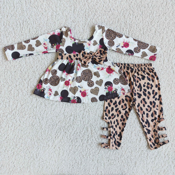 Promotional Cartoon Leopard Print Bow Belt Legging Girls Long Sleeve+Trousers Sets