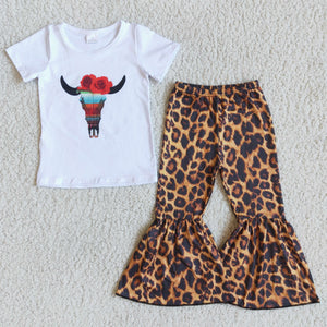 Promotional Cow Leopard Print Girls Short Sleeve+Trousers Sets