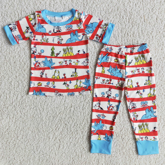 Cartoon Cat Elephant Stripes Boys Short Sleeve Pajamas