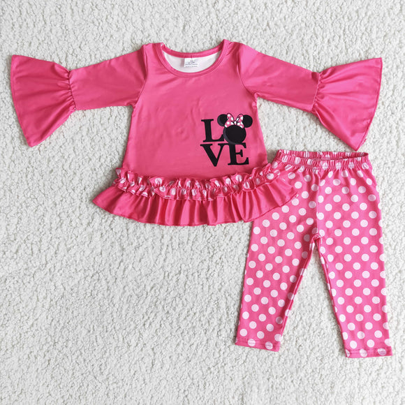 Promotional Love Cartoon Hot Pink Polka Dots Girls Valentines Outfits