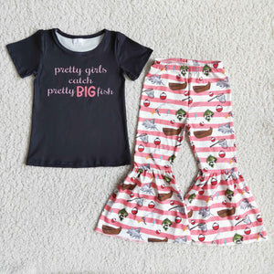 Promotional Pretty Girls Catch Pretty Big Fish Girls Short Sleeve+Trousers Sets