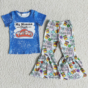 Promotional My Momma don't Play Doh Blue Girls Short Sleeve+Trousers Sets