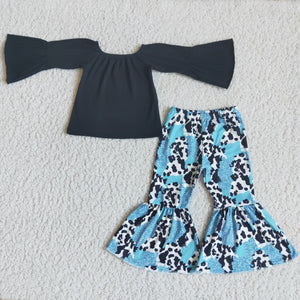 Promotional Solid Black Cow Print Girls Long Sleeve+Trousers Sets