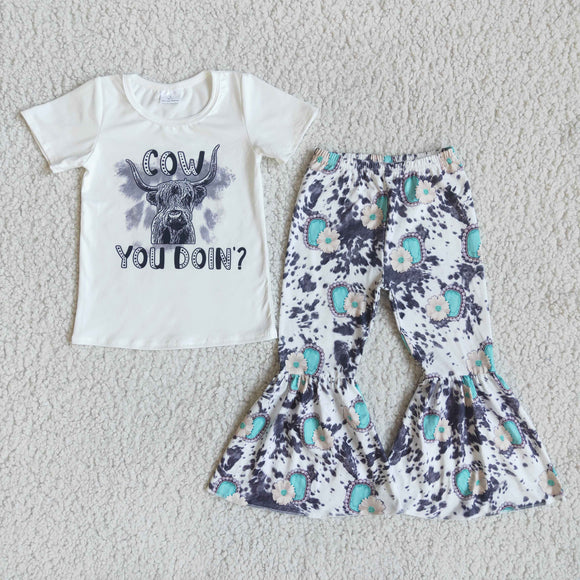 Promotional Cow You DOIN Blue Girls Short Sleeve+Trousers Sets