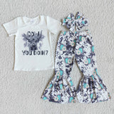 Promotional Cow You DOIN Blue Girls Short Sleeve+Trousers Sets