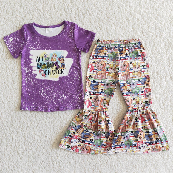 Promotional Cartoon Dogs Purple Girls Short Sleeve+Trousers Sets