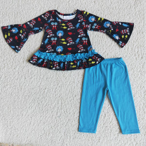 Promotional Cartoon Cat Blue Legging Girls Long Sleeve+Trousers Sets