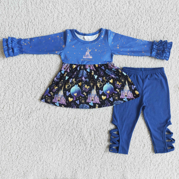 Promotional Cartoon Castle Blue Legging Girls Long Sleeve+Trousers Sets