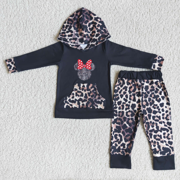 Promotional Cartoon Leopard Print Black Girls Fall Hoodie Sets