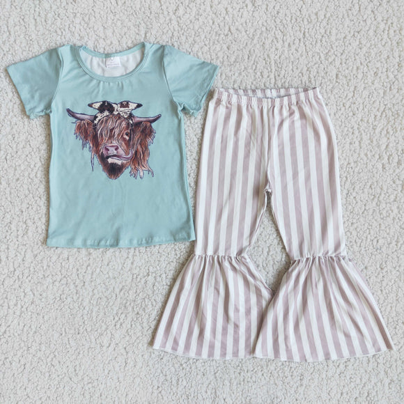 Promotional Cow Gray Stripes Girls Short Sleeve+Trousers Sets