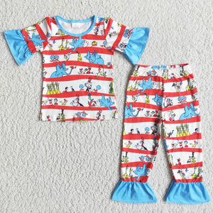 Cartoon Cat Elephant Stripes Girls Short Sleeve Pajamas