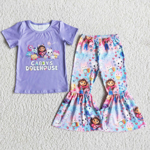 Promotional Cartoon Purple Girls Short Sleeve+Trousers Sets