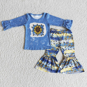 Promotional Sunflower Blue Girls Long Sleeve+Trousers Sets