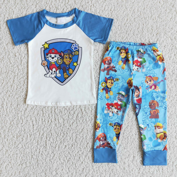 Promotional Cartoon Dogs Blue Boys Short Sleeve+Trousers Sets