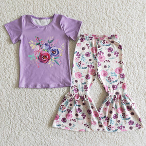 Promotional Purple Floral Girls Short Sleeve+Trousers Sets