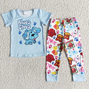 Promotional Cartoon Dogs Sky Blue Boys Short Sleeve+Trousers Sets