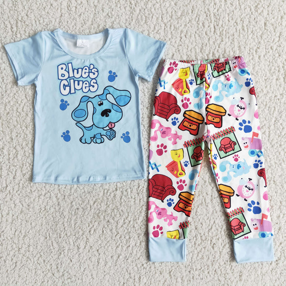 Promotional Cartoon Dogs Sky Blue Boys Short Sleeve+Trousers Sets